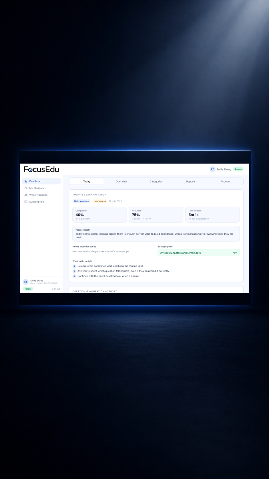 Illustrative FocusEdu parent performance overview